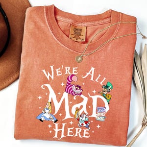 May include: Coral-colored Comfort Colors t-shirt featuring the phrase "We're All Mad Here" with Alice in Wonderland characters. A gold necklace with a pendant is draped across the shirt. A brown hat is visible in the upper left corner.