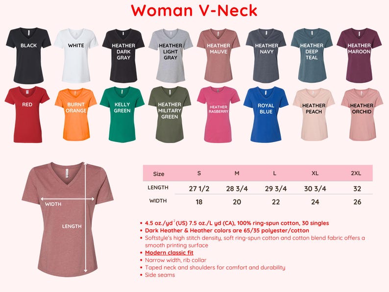 Puede incluir: Una selecci&oacute;n de camisetas de mujer con cuello en V en varios colores, incluyendo negro, blanco y rojo. La imagen muestra detalles de tallas, con largos de 69,85 cm a 81,28 cm y anchos de 45,72 cm a 66,04 cm. El texto dice 'Woman V-Neck'.