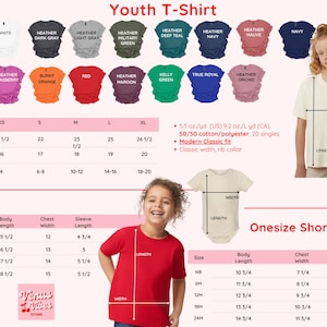 Może przedstawiać: R&oacute;żne koszulki dla młodzieży w r&oacute;żnych kolorach, w tym czarnym, białym i granatowym. Obraz przedstawia tabele rozmiar&oacute;w dla młodzieży i małych dzieci, wraz z wymiarami dla body. Koszulki wykonane są z mieszanki bawełny i poliestru.