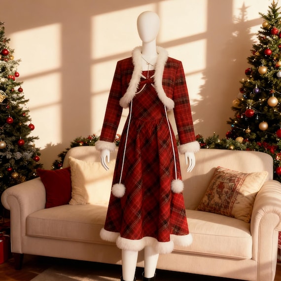 Red Plaid Christmas Dress with Faux Fur Trim, Women's Winter Holiday Outfit, Festive Party Cosplay Costume Dress with Matching Cape Red Plaid Christmas Dress with Faux Fur Trim, Women's Winter Holiday Outfit, Festive Party Cosplay Costume Dress with Matching Cape