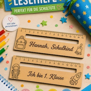 Personalisierte Lesehilfe mit Name aus Bio-Holz viele Motive Leseschablone für Leseanfänger Geschenk Einschulung Schule Kinder