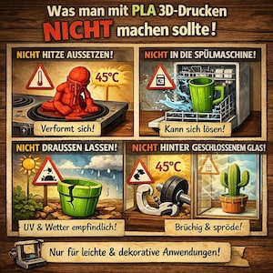 Op de afbeelding: Een educatieve infographic getiteld Was man mit PLA 3D-Drucken NICHT machen sollte! met vier panelen die waarschuwingen voor hitte, vaatwasser, buitenomgeving en glazen behuizingen voor PLA-prints illustreren, voorzien van Duitse tekstlabels.