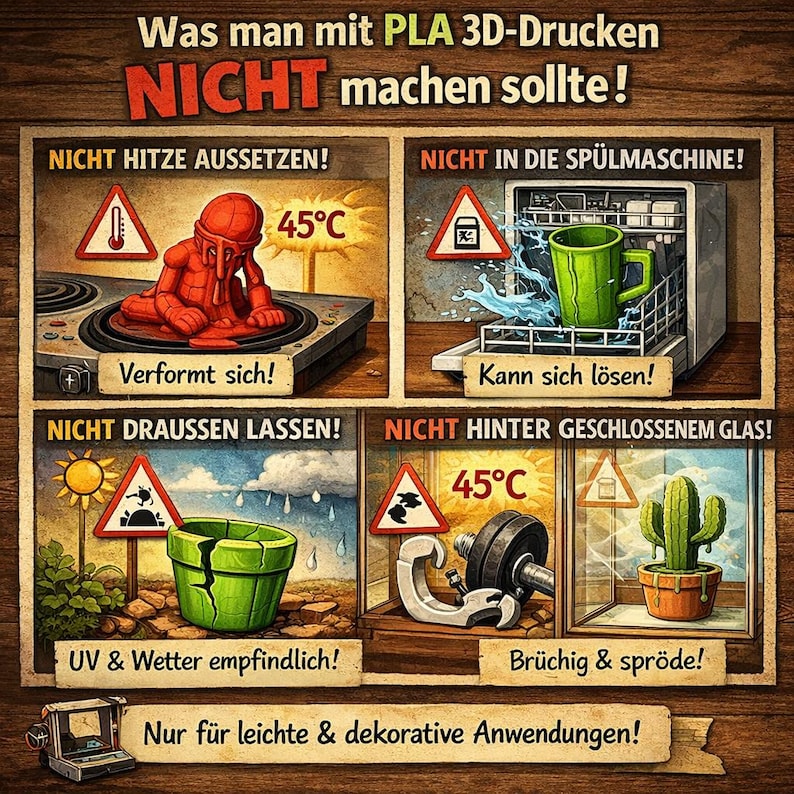 Op de afbeelding: Een educatieve infographic getiteld Was man mit PLA 3D-Drucken NICHT machen sollte! met vier panelen die waarschuwingen voor hitte, vaatwasser, buitenomgeving en glazen behuizingen voor PLA-prints illustreren, voorzien van Duitse tekstlabels.