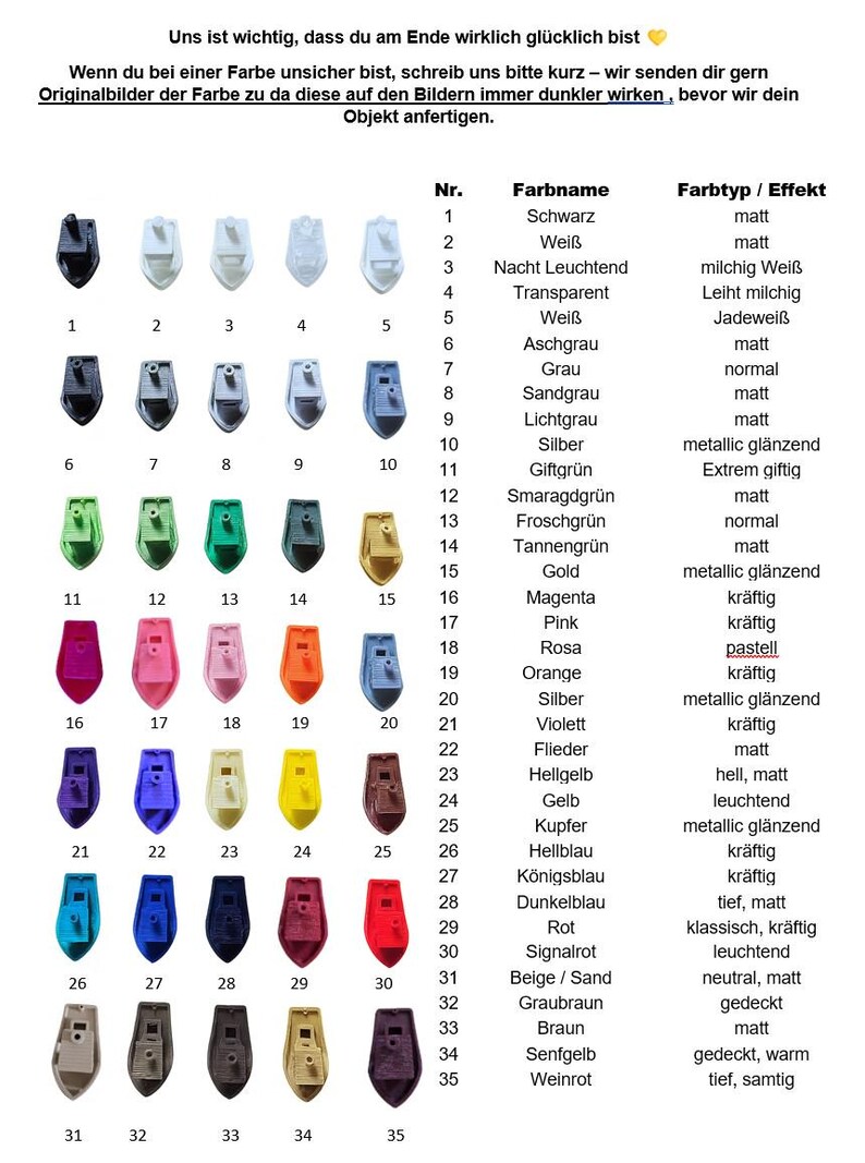 Op de afbeelding: Een kleurenkaart met vijfendertig kleine, bootvormige objecten in diverse tinten, waaronder zwart, wit, grijs, groen, goud, roze, oranje, blauw, geel, bruin en rood. Elk item is genummerd en voorzien van een kleurnaam en afwerking.