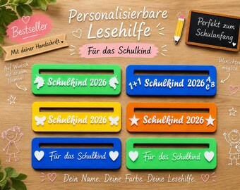 Personalisierte Lesehilfe mit Name aus Bio-PLA viele Motive Leseschablone für Leseanfänger Geschenk Einschulung Schule Kinder Handschrift