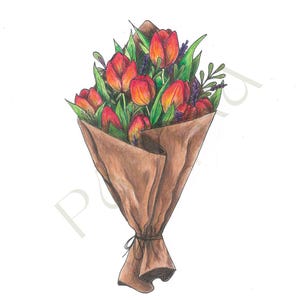 Tulip Bouquet Greeting Card. Tulip Bouquet Drawing. Instant PDF Download.