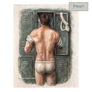 Locker 101 / Stampa artistica premium di un dipinto a olio originale, contenuto per adulti, uomo muscoloso nudo vestito in biancheria intima bianca vicino allo spogliatoio della palestra
