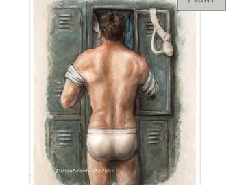 Muscular Man Locker Room Art Print of an Original Oil Painting