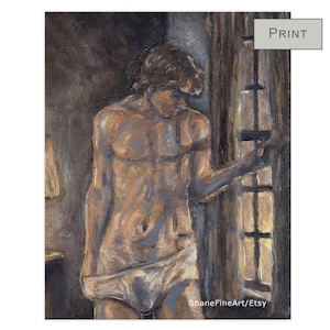 Tighty Whiteies / Stampa artistica premium di un dipinto a olio originale che raffigura un giovane uomo che guarda fuori dalla finestra di notte in mutande bianche.