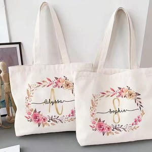 Sac fourre-tout personnalisé avec initiale florale et prénom – Sac à bandoulière femme