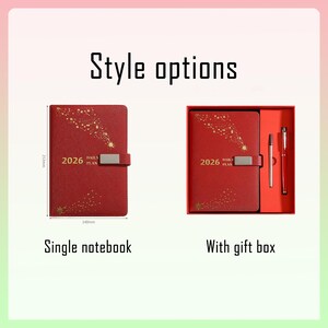 May include: Red 2026 daily plan notebook with a silver clasp, available as a single notebook or with a gift box. The notebook measures 212mm x 148mm. The words "Style options" are at the top.