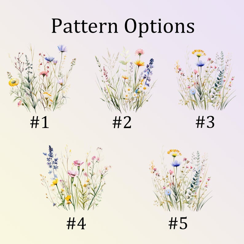 Może przedstawiać: Pięć akwarelowych ilustracji bukiet&oacute;w polnych kwiat&oacute;w oznaczonych jako Pattern Options #1 do #5. Każda kompozycja przedstawia r&oacute;żne łodygi, trawy i kolorowe kwiaty w odcieniach ż&oacute;łci, błękitu, r&oacute;żu i zieleni na jasnym tle.