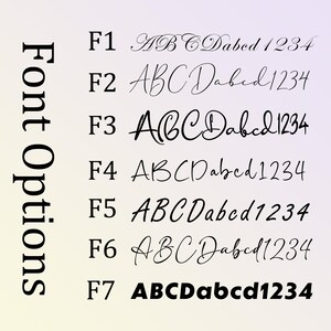 May include: Font options graphic with seven different font styles labeled F1 through F7. Each font displays the letters ABCD followed by the letters abcd and the numbers 1234. The text "Font Options" is vertically aligned on the left.