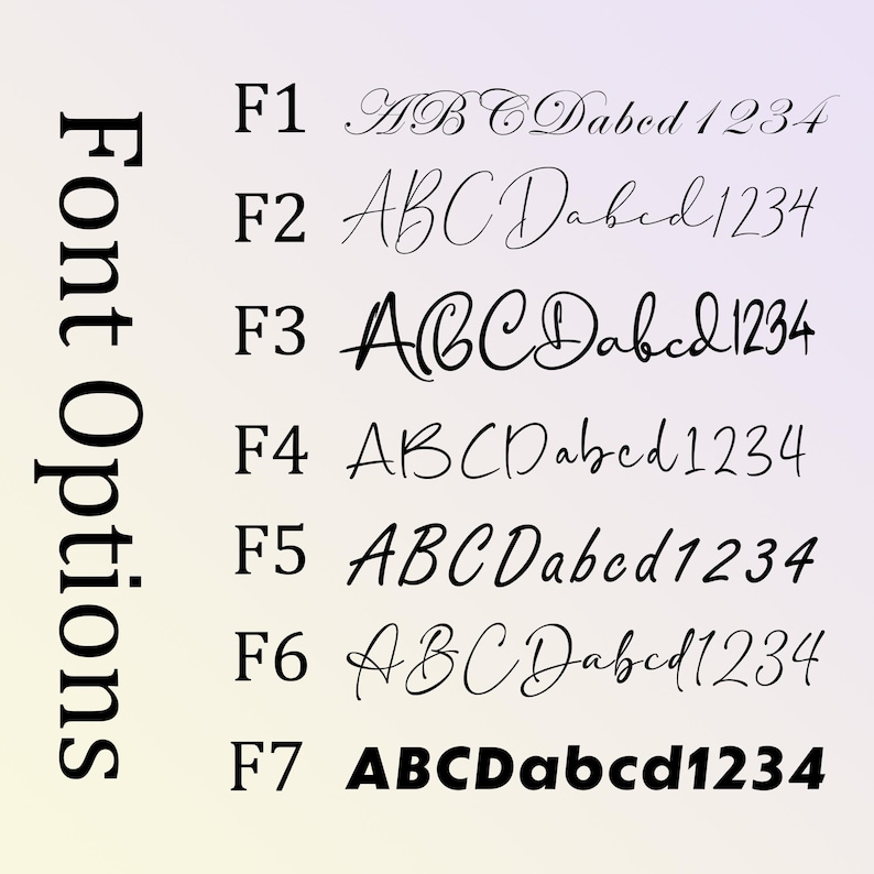 May include: Font options graphic with seven different font styles labeled F1 through F7. Each font displays the letters ABCD followed by the letters abcd and the numbers 1234. The text "Font Options" is vertically aligned on the left.