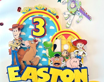 Décoration de gâteau 3D Toy Story, prénom personnalisé selon l'âge, décoration de fête d'anniversaire Woody Buzz