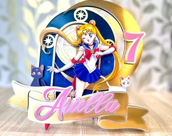 Décoration de gâteau Sailor Moon, décoration d'anniversaire anime personnalisée, décoration de fête d'âge avec prénom personnalisé