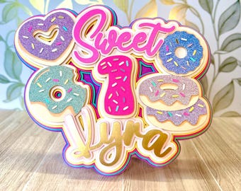 Décoration de gâteau d'anniversaire donut, nom personnalisé, décoration 1er anniversaire de fille, fête pastel