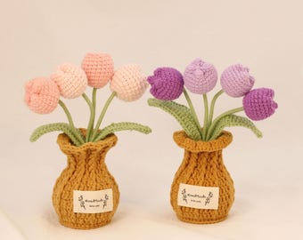 Crochet Tulips in Pot,Mini Crochet Flowers,Birthday Gift,Mother&#39;s day Gift,Graduation gift,Crochet Desk Decor,Crochet Flower Bouquet,Her,Mom