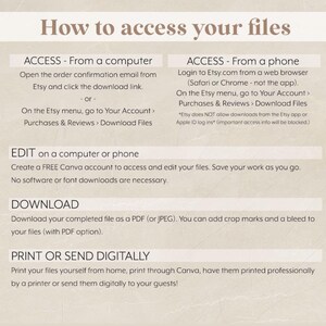 May include: An instructional graphic titled How to access your files with a beige background. It provides step-by-step directions for accessing files from a computer or phone, editing via Canva, downloading as a PDF or JPEG, and printing or sending digitally.