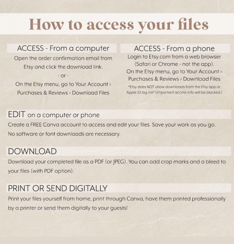 May include: An instructional graphic titled How to access your files with a beige background. It provides step-by-step directions for accessing files from a computer or phone, editing via Canva, downloading as a PDF or JPEG, and printing or sending digitally.