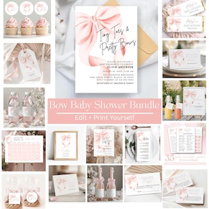 May include: A baby shower bundle featuring a pink bow design. Includes invitations, cupcake toppers, water bottle labels, candy bar wrappers, and games. The invitation reads "Tiny Toes & Pretty Bows" with event details.