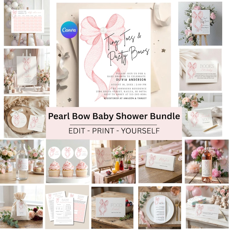 Tiny Toes & Pretty Bows" Personalized Baby Shower Welcome Sign - Blush Pink Bow Baby Girl Shower Decor - Custom Printable image 2