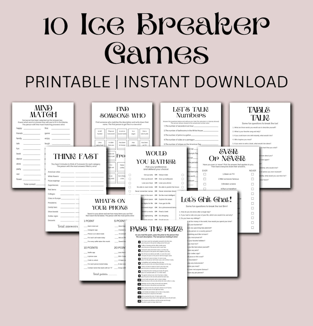 Printable Ice Breaker Games Bundle, Party Conversation Starters
