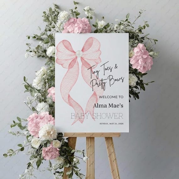 Tiny Toes & Pretty Bows" Personalized Baby Shower Welcome Sign - Blush Pink Bow Baby Girl Shower Decor - Custom Printable