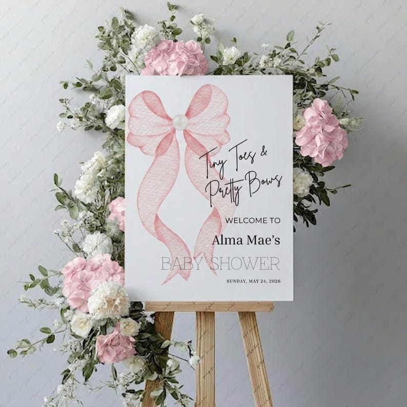 Tiny Toes & Pretty Bows" Personalized Baby Shower Welcome Sign - Blush Pink Bow Baby Girl Shower Decor - Custom Printable