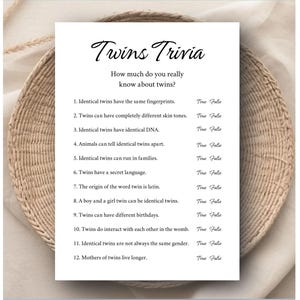 Twins Trivia Baby Shower Game, True or False (PDF Pattern)