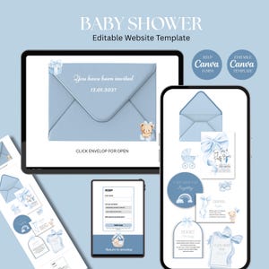 May include: Digital baby shower website template in light blue. The design features an invitation envelope, RSVP form, and elements such as a teddy bear, bow, and text that reads "Baby Shower" and "You have been invited".