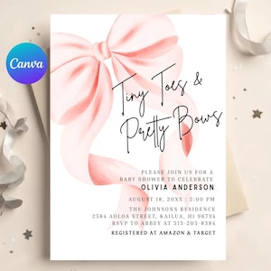 May include: A baby shower invitation with a large pink bow and the text "Tiny Toes & Pretty Bows." The invitation includes details for Olivia Anderson's baby shower, including the date, time, and location.