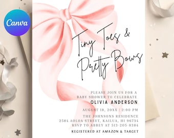 May include: A white baby shower invitation card featuring a large, watercolor-style light pink ribbon bow. The text reads: Tiny Toes & Pretty Bows, PLEASE JOIN US FOR A BABY SHOWER TO CELEBRATE OLIVIA ANDERSON, AUGUST 18, 20XX, 2:00 PM, THE JOHNSONS RESIDENCE, 2584 AOLOA STREET, KAILUA, HI 96734, RSVP TO ABBEY AT 513-205-8384, REGISTERED AT AMAZON & TARGET.