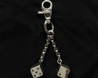 Gothic Y2K Punk Double Dice Keychain, Aged Carabiner Clip, CH Minimalist Vintage Unisex Accessory k4