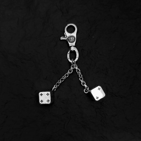 Gothic Y2K Punk Double Dice Keychain, Aged .925 Silver