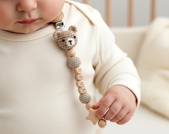 Crochet Pacifier Clip with Name – Personalized Baby Dummy Chain, Handmade Shower Gift