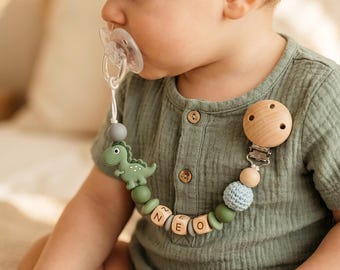 Prendedor de Chupeta Personalizado de Dinossauro, Prendedor de Chupeta de Silicone e Madeira com Nome Personalizado, Presente para Chá de Bebê, Presente para Recém-Nascido Menino, Porta-Chupeta de Dinossauro