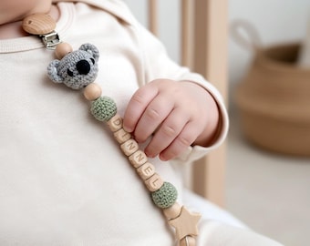 Aangepaste houten fopspeenclip gehaakte dieren – Gepersonaliseerd kraamcadeau