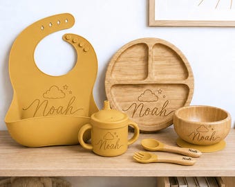 Personalized Baby Dining Set, Custom Name Bamboo & Silicone Feeding Set, Toddler Plate Bowl Cup Bib Set, Baby Shower Gift