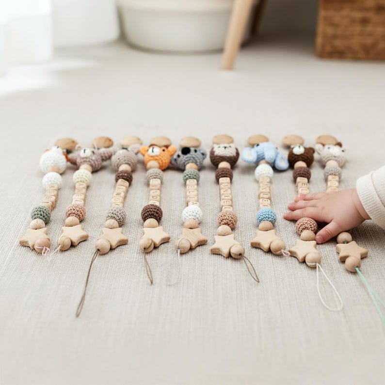 Handmade crochet pacifier clip nursery accessory