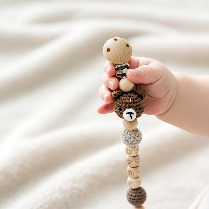 Crochet pacifier clip personalized with baby name