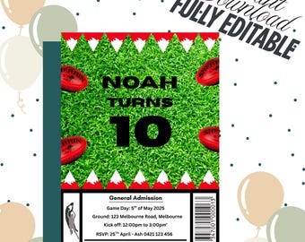 May include: A birthday invitation with a green field background, red and white accents, and the text "NOAH TURNS 10." Includes a section for event details and the words "Instant Download FULLY EDITABLE."