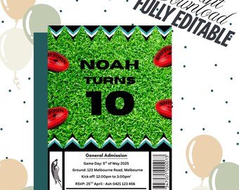 May include: A birthday invitation with a green field background, red footballs, and the text "NOAH TURNS 10." The invitation includes event details: date, time, location, and RSVP information. The words "Instant Download" and "FULLY EDITABLE" are also present.