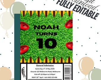 May include: A birthday invitation card with a green field background, red footballs, and the text "NOAH TURNS 10". The card includes event details and the text "2025 AFL Game Day Birthday". Balloons and confetti decorate the background.