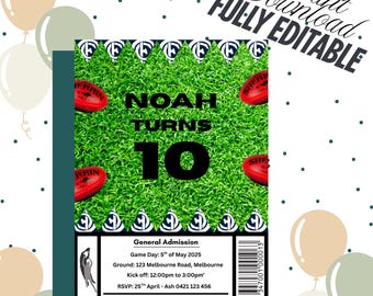 May include: A birthday invitation with a green field background, red footballs, and the text "NOAH TURNS 10". The invitation includes details for a 2025 AFL Game Day Birthday, with a barcode and the words "Instant Download, Fully Editable".