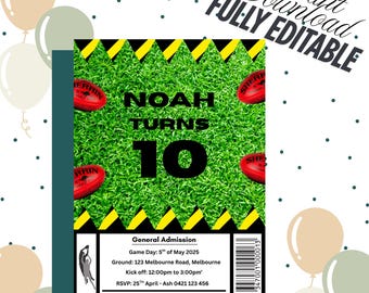 May include: A birthday invitation with a green grass background, featuring the text "NOAH TURNS 10". The invitation includes red footballs and the words "Instant Download, Fully Editable". Additional details include event information.