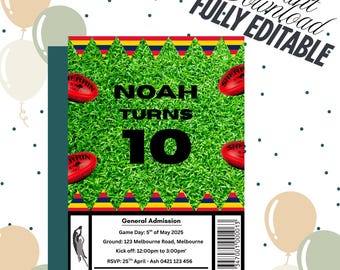May include: A birthday invitation with a green field background, red footballs, and the text "NOAH TURNS 10." The invitation includes event details: Game Day, Ground, Kick off, RSVP, and "2025 AFL Game Day Birthday." The words "Instant Download. FULLY EDITABLE" are also present.