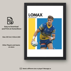 Op de afbeelding: Ingelijste poster met een rugbyspeler in een blauw en geel uniform, met een bal. De poster bevat de naam "LOMAX" en "Parramatta Eels". De poster is 29,7 cm x 42 cm (A3) groot.