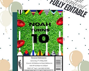May include: A birthday invitation with a football theme. The invitation features a green field design with red footballs and the text "NOAH TURNS 10". Additional text includes event details and "Instant Download, Fully Editable".