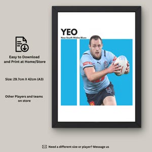 Isaah Yeo Instant Download Wall Art, New South Wales Blues NRL, NRL Wall Decor, Digital Art, NSW Blues Art Print, State of Origin